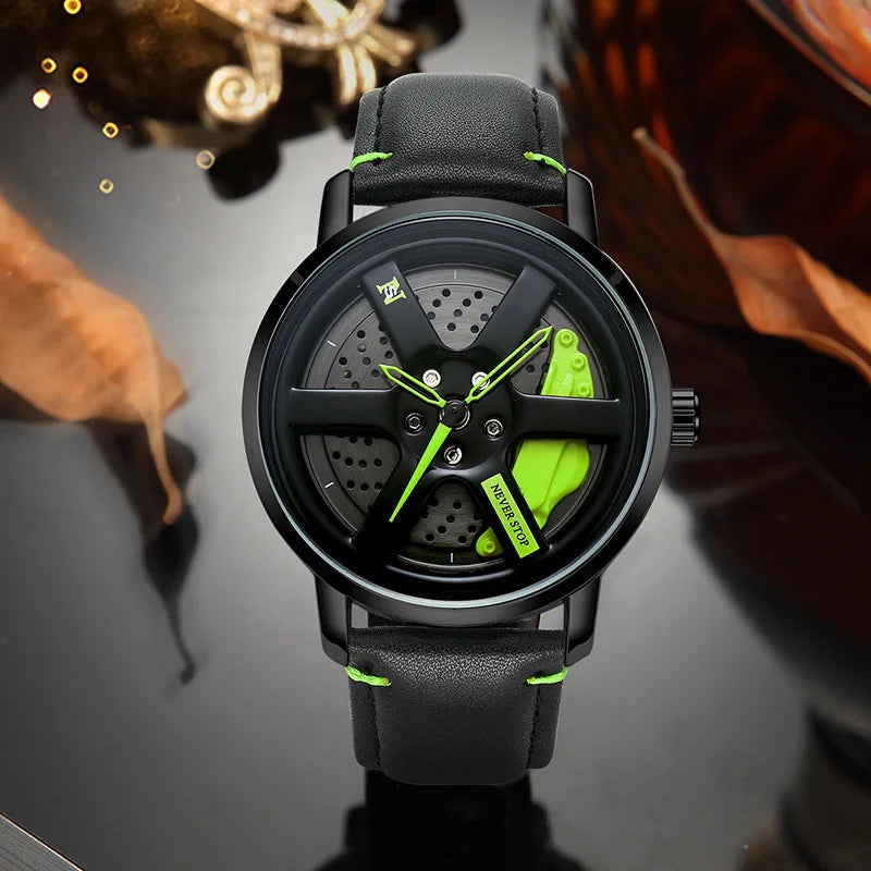 Sport Personalized Car Wheel 360 ° Rotating Leather Watch