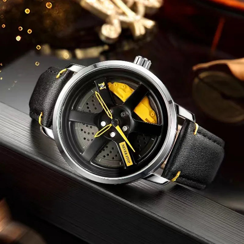 Sport Personalized Car Wheel 360 ° Rotating Leather Watch